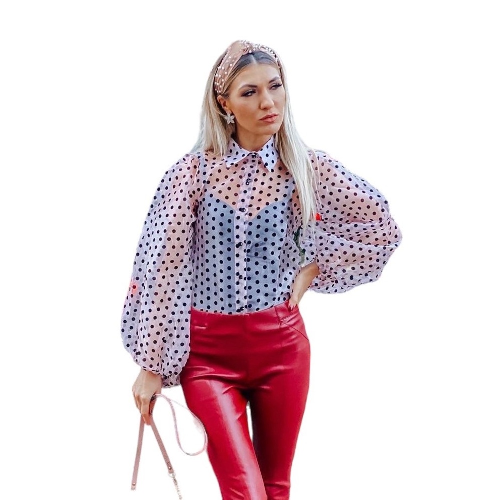 NastyGal collection beautiful sheer blouse light pink black polka dot size Small
